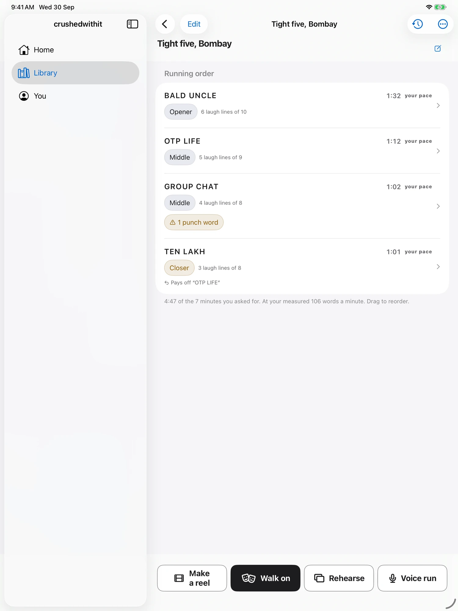 Native 13-inch iPad set editor · sample running order.
